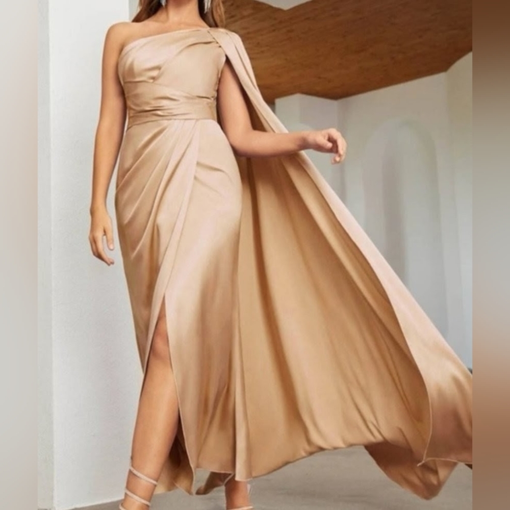 SHEIN Champagne Pink One-Shoulder Satin Formal Evening Gown